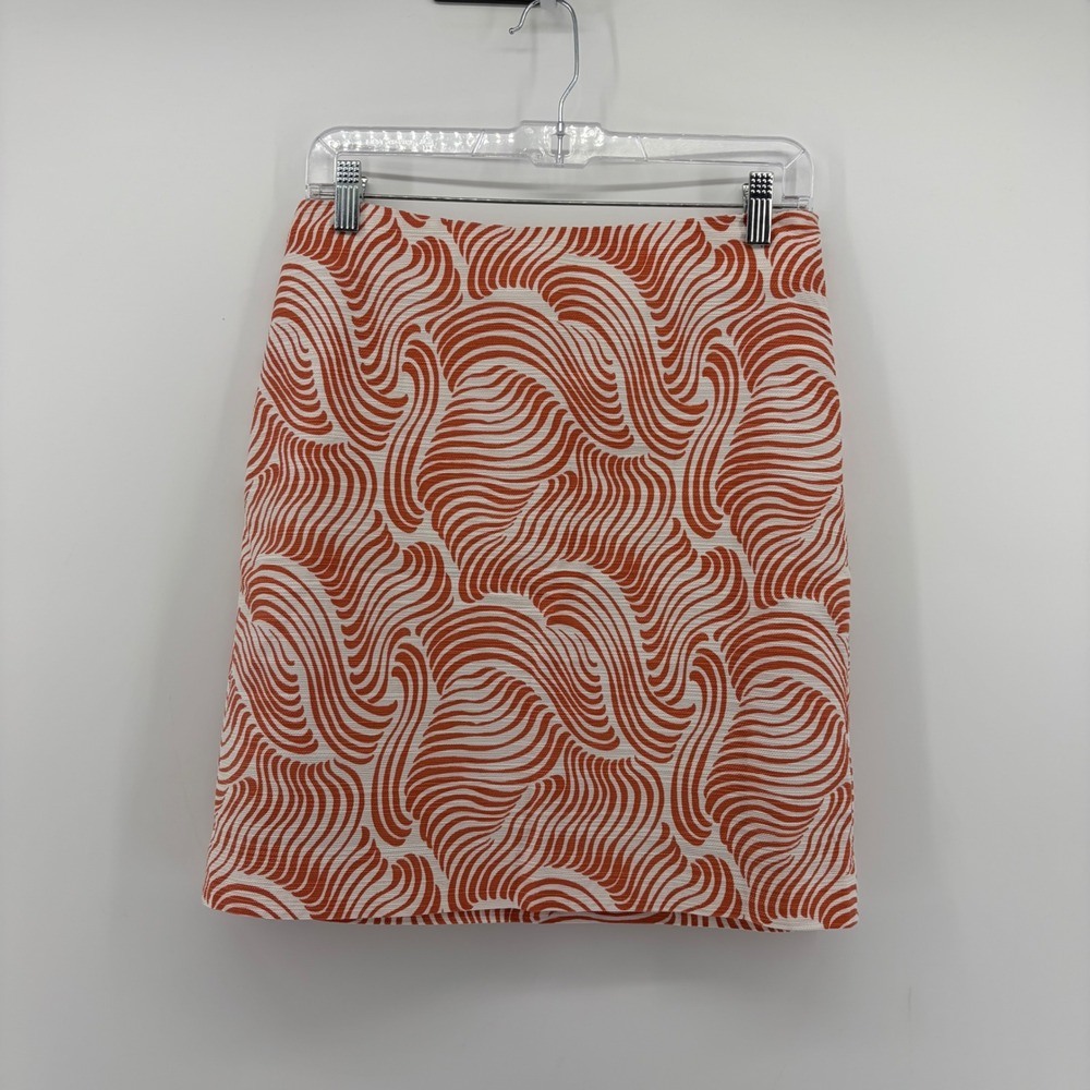 Ann Taylor Womens 2 Orange White Pencil Skirt Abstract Wave Cotton Blend Zip